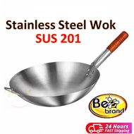 MLK Stainless Steel Wok with Wood Handle High Quality / Single Handle Stainless Steel Wok/Kuali Tangkai