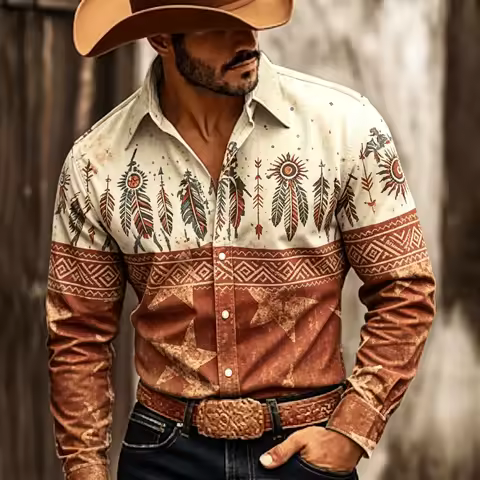 Men's Western Aztec Feather Print Long Sleeve Shirt, Southwestern Sun Arrow Pattern Casual Button Do