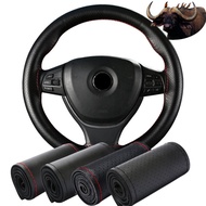 Universal Genuine Leather Steering Wheel Cover 37CM-38CM Anti-Slip Braiding Cover for Steering Wheel