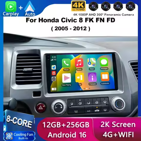 Android 16 For Honda Civic 8 FK FN FD 2005 2006 - 2012 2K QLED Android Car Radio Multimedia Video Pl