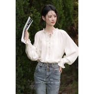 Lasher Bell V-neck Long Sleeve Pleated Top for Women