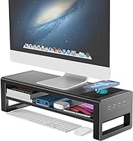 2 Tiers Monitor Stand with Auto Charging Pad, 4 USB 3.0 Hub Ports, Double Monitor Riser, Metal Desk Stand with Storage, Large Screen Raiser for Monitor/PC/Laptop/Computer Space Saver Organizer