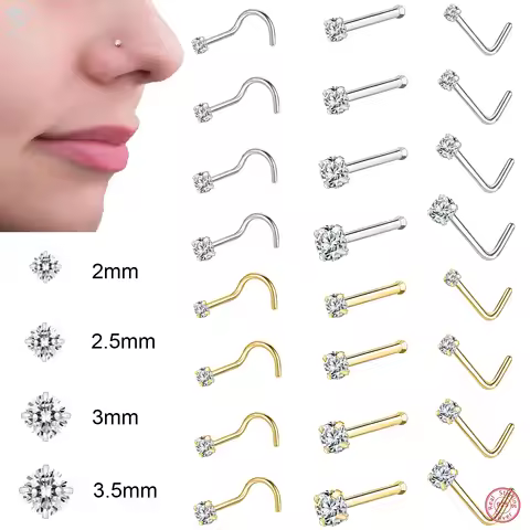 ZS 1PC 18/20G 925 Sterling Silver Nose Stud Gold Color Crystal Nose Piercings Screw L-Shape Retainer