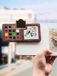 1 件裝便攜式木製水彩顏料盒空盒顏料調色板繪畫用品黑胡桃木顏料盒油畫顏料托盤