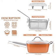 5 Pcs Set Non Stick Copper Ceramic Casserole Square Deep Frying Pan Cooking Pot Wok Basket Steamer C