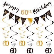 60th Birthday Decoration Kit, Happy 60th Birthday Banner Bunting Swirls Streamers, Triangle Flag Ban