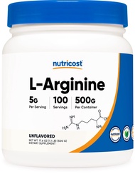 Nutricost L-Arginine Powder 500 Grams (1.1lbs) - Pure L-Arginine Powder - 5000mg Per Serving; 100 Se
