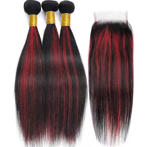 12A 1B/99J Highlight Human Hair Bundles With Closure Straight 99j Colored Human Hair Bundles With Cl