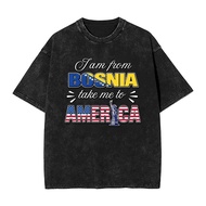 Bosnia I Am From Bosnia Take Me To America Vintage Washed T-Shirt Men Casual Short Sleeve Tee