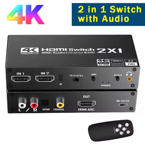 4K HDMI Switcher Audio Extractor 2 in 1 Out Selector with R/L+Toslink SPDIF+COAXIAL Audio out HDMI A