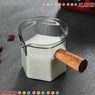 KUGIGI Milk Cup, with Wood Handle Glass Espresso Cup, Easy to Clean Vertical Grain Multipurpose High Quality Measuring Cup Milk Espresso Shot