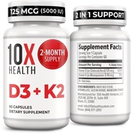 10X Health Vitamin D3 5000 IU & K2 MK7 - Menaquinone 7, High-Potency D3 K2 Vitamin Supplement for Bo