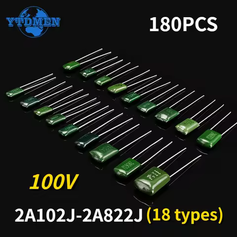 180PCS 100V Polyester Film Capacitor Assortment Kit 2A102J-2A822J 18Values *10pcs 102 222 472 103 22