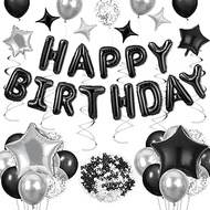 Black Happy Birthday Balloons Decorations Black and Silver Birthday Balloon Letters Banner with 8Pcs