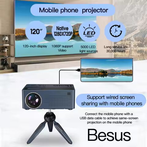 Besus J12C PRO Mini Projector 5000 Lumens ,native 720P and Wired Screen, Support 1080P With TV Stick
