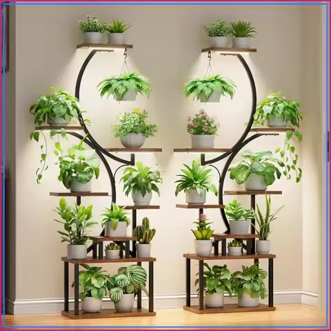 62" Tall Corner Plant Stand with Grow Lights, 8-Tier S-Shape Shelf for Indoor Plants, 2 Pack