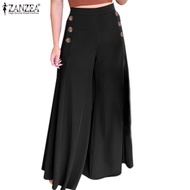 ZANZEA Women European Style Casual Loose Back Elastic Waist Wide Leg Long Trousers
