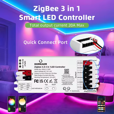 Domraem Zigbee3.0 DC12-24V 20A RGB RGBW RGBCCT 3 in 1 LED Strip Controller Compatible with HU*E Smar