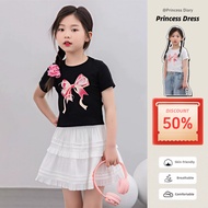 Girls Tshirt 5-15Y / 90-160cm Tshirt Bow Knot Short Sleeve Slim Fit Round Neck Sweet Design Top