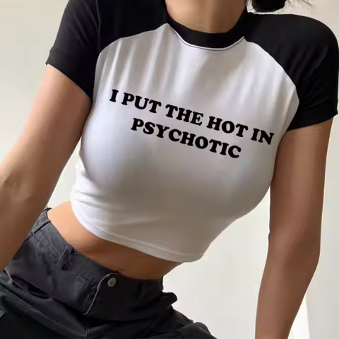 Women Vintage T Shirt I Put the Hot in Psychotic Letter Graphic Y2k Crop Tops Cute Baby Tee 2000s E-