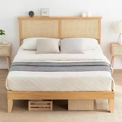 Rattan Bed Frame Queen with Natural Rattan Headboard,Queen Bed Frame with LED Lights,Rattan Queen Be