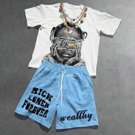 Men's Summer Casual White Light Blue Rich Loner Forever Wealthy Money Motivational Slogan Portrait F