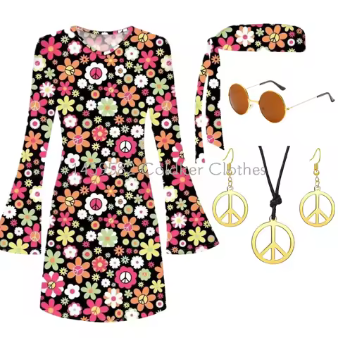 70s Women Hippie Disco Dress Costumes Necklace Earrings Glasses, 60's 70's Peace Love Birthday 5pcs