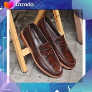 703-2 👞 Wide Front Penny Loafer Burgundy - Wooden Base รองเท้า loafer ผู้ชาย งานหนัง Italy แท้ Hand