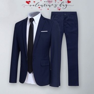 1 Set Men Jacket Pants Solid Color Turndown Collar Slim Fit Business Suit Set Plus Size Groom Blazer Trousers for Wedding Office