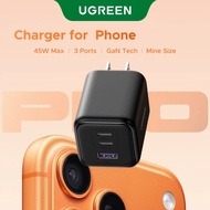 UGREEN 45W GaN Fast Charging Charger with USB-C*2+USB-A*1 Adapter for Phone