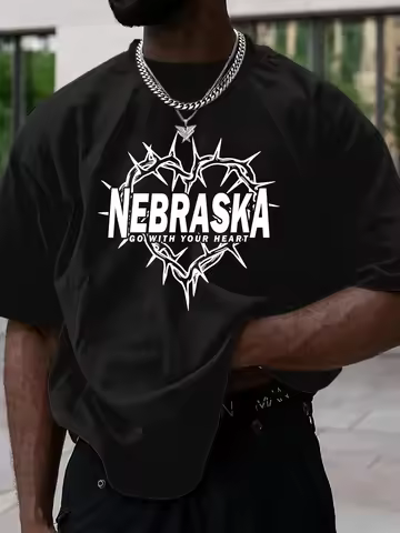 Men Oversized Vintage Streetwear T-shirt Nebraska Thorn Heart Print Casual Crew Neck Short Sleeve Gr