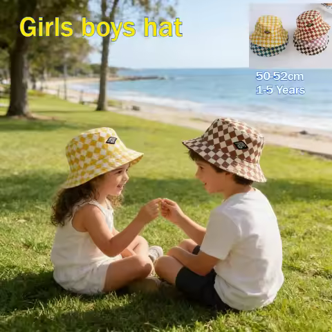 Kids Bucket Hat 50-52cm 1-5 Years Checkerboard Pattern Cute Plaid Baby Boys Girls Sun Hat Soft Kid C