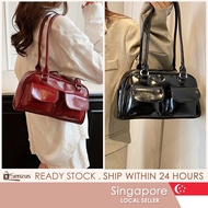【SG SELLER】 Korea Vintage Baguette Oil Wax PU Leather Stand Chubby Women Handbag Shoulder Bag