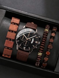 時尚商務皮革錶帶男士石英錶+手鐲套裝