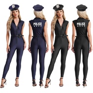 Raenseen 4Pcs Women Halloween Policeman Cosplay Costume Sleeveless Zipper Jumpsuit with Belt Purse a