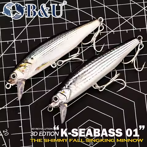 B&U 3D K-SEABASS 01 Sinking Minnow Fishing Lure, 3D Revolution Tech Shimmer Fall Artificial Bait for