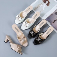 2026 Amoi Stiletto Heel Mid-heel Fish Mouth Bow Bow Knot One-word Ladies All-match Large Size Slippe