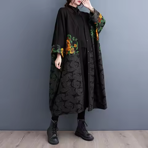 Oversized Dark Floral Print Long Sleeve Kimono Coat Batwing Sleeve Bohemian Duster Cardigan Women Go