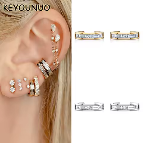 KEYOUNUO Gold Silver Filled Zircon Princess Baguette Ear Cuffs Earrings For Women Fake Piercing Clip