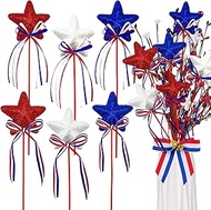 6 Pcs 4th of July Glitter Puffy Star Picks Foam Red White Blue Star Fairy Ribbon Streamer Wands Spar