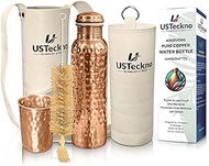 Copper Water Bottle w/Copper Tumbler, Carrying Bag &amp; Sleeve| Ayurvedic Copper Bottle for Travel, Yoga, Gym Lower Your Sugar Intake And Enjoy Health Benefits | Lab Tested (Copper bottle with White bag)
