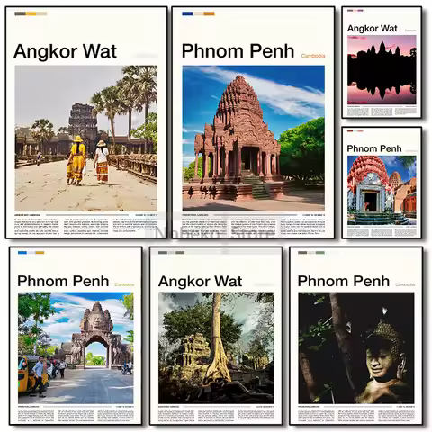 Asia Cambodia Travel Posters Phnom Penh Angkor Wat Siem Reap City Landscape Prints Canvas Wall Art H