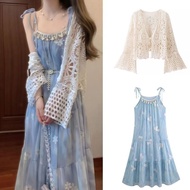 Boho 2-Piece Outfit Set - Blue Floral Midi Dress & Crochet Top