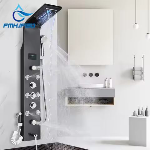 LED Bath Shower Faucet Digital Display Bath Shower Panel Tower Shower Column Waterfall LED Shower He