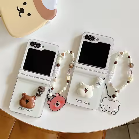 3D Cartoon Bear Coffee With Chain Couple Phone Case For Samsung Galaxy Z Flip 7 6 5 4 3 Z Flip7 FE Z