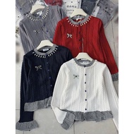 🔥[C395] Áo len nữ Montoghi dệt kim cài LOGO NƠ phối BÈO CARO kiểu thừng tay dài sang trọng - Kholenq