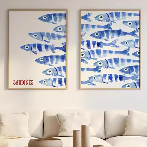 Retro Blue Sardine Canvas Poster Mediterranean Style Sardine Animal Wall Art Prints Ideal Gift for M