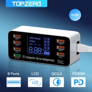 TOPZERO ที่ชาร์จเร็ว8พอร์ต60W PDที่ชาร์จ Type C USB C หน้าจอ LED อะแดปเตอร์ฮับชาร์จโทรศัพท์หลายช่องส