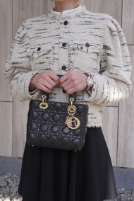 【日本直送 名牌中古包】Christian Dior Cannage 手提包 黑色 Logo 墜飾 皮革 Lady Dior 885e65