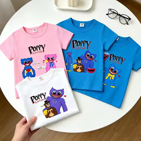Game Poppy Playtime Children T Shirt Huggy Wuggy Girl Boy Short Sleeve Tee Shirt Cartoon Baby Clothe